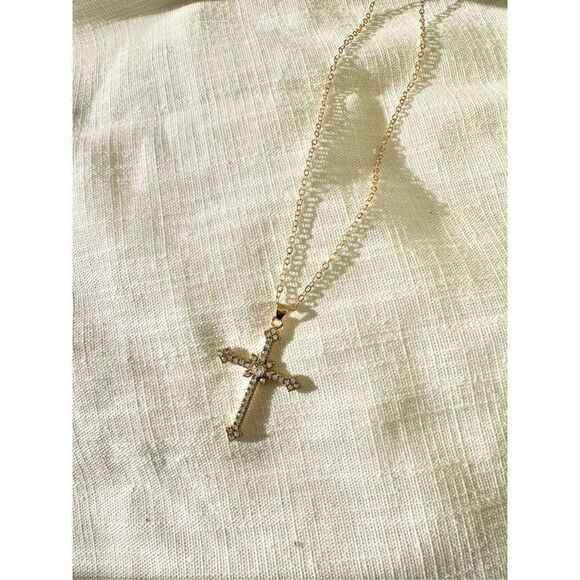 Cubic zirconia gold color cross necklace ￼ - Picture 1 of 2